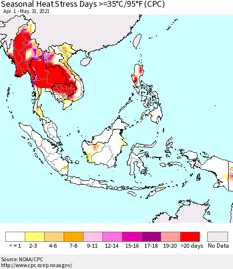 South East Asia Seasonal Heat Stress Days >=35°C/95°F (CPC) Thematic Map For 4/1/2021 - 5/31/2021