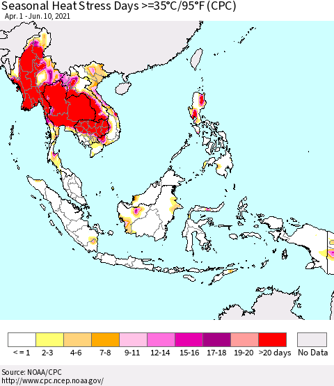 South East Asia Seasonal Heat Stress Days >=35°C/95°F (CPC) Thematic Map For 4/1/2021 - 6/10/2021