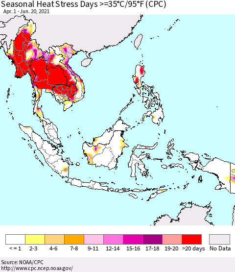 South East Asia Seasonal Heat Stress Days >=35°C/95°F (CPC) Thematic Map For 4/1/2021 - 6/20/2021