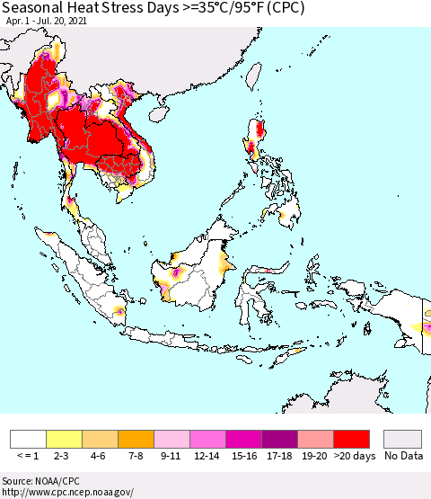 South East Asia Seasonal Heat Stress Days >=35°C/95°F (CPC) Thematic Map For 4/1/2021 - 7/20/2021