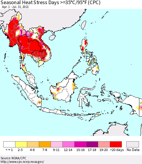 South East Asia Seasonal Heat Stress Days >=35°C/95°F (CPC) Thematic Map For 4/1/2021 - 7/31/2021