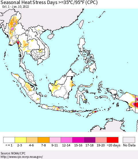 South East Asia Seasonal Heat Stress Days >=35°C/95°F (CPC) Thematic Map For 10/1/2021 - 1/10/2022