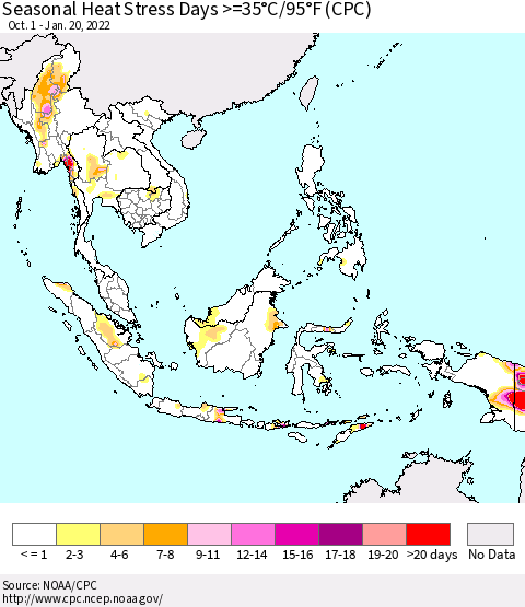 South East Asia Seasonal Heat Stress Days >=35°C/95°F (CPC) Thematic Map For 10/1/2021 - 1/20/2022