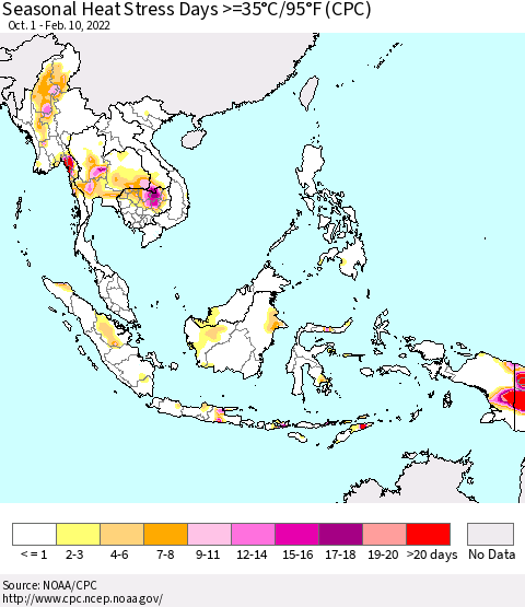 South East Asia Seasonal Heat Stress Days >=35°C/95°F (CPC) Thematic Map For 10/1/2021 - 2/10/2022