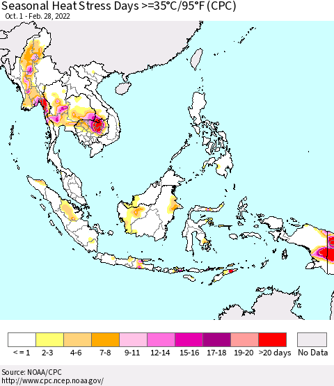 South East Asia Seasonal Heat Stress Days >=35°C/95°F (CPC) Thematic Map For 10/1/2021 - 2/28/2022