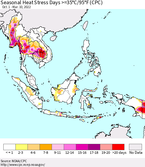 South East Asia Seasonal Heat Stress Days >=35°C/95°F (CPC) Thematic Map For 10/1/2021 - 3/10/2022