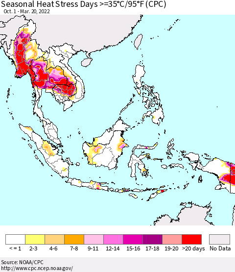 South East Asia Seasonal Heat Stress Days >=35°C/95°F (CPC) Thematic Map For 10/1/2021 - 3/20/2022