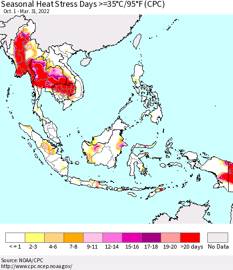 South East Asia Seasonal Heat Stress Days >=35°C/95°F (CPC) Thematic Map For 10/1/2021 - 3/31/2022