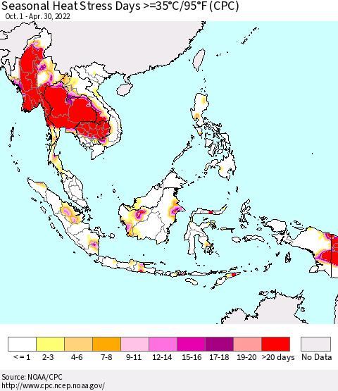 South East Asia Seasonal Heat Stress Days >=35°C/95°F (CPC) Thematic Map For 10/1/2021 - 4/30/2022