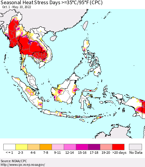 South East Asia Seasonal Heat Stress Days >=35°C/95°F (CPC) Thematic Map For 10/1/2021 - 5/10/2022