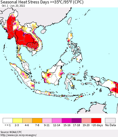 South East Asia Seasonal Heat Stress Days >=35°C/95°F (CPC) Thematic Map For 10/1/2021 - 6/20/2022