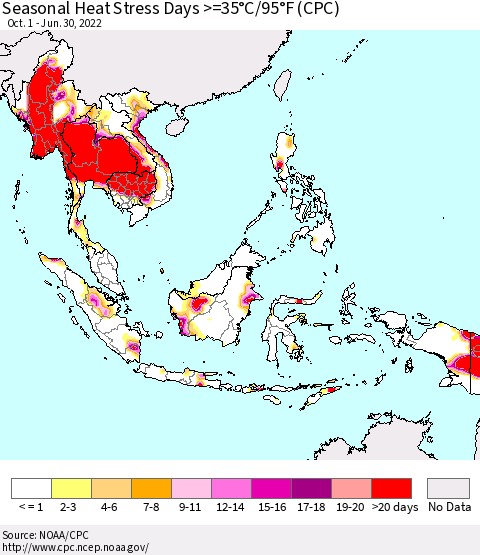 South East Asia Seasonal Heat Stress Days >=35°C/95°F (CPC) Thematic Map For 10/1/2021 - 6/30/2022