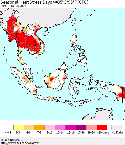 South East Asia Seasonal Heat Stress Days >=35°C/95°F (CPC) Thematic Map For 10/1/2021 - 7/20/2022
