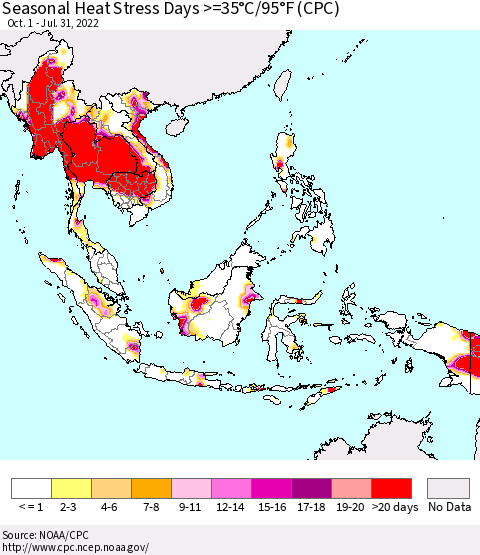 South East Asia Seasonal Heat Stress Days >=35°C/95°F (CPC) Thematic Map For 10/1/2021 - 7/31/2022