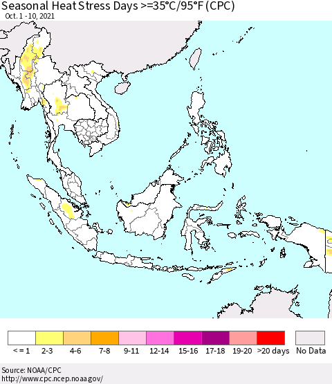 South East Asia Seasonal Heat Stress Days >=35°C/95°F (CPC) Thematic Map For 10/1/2021 - 10/10/2021