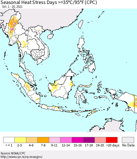 South East Asia Seasonal Heat Stress Days >=35°C/95°F (CPC) Thematic Map For 10/1/2021 - 10/20/2021