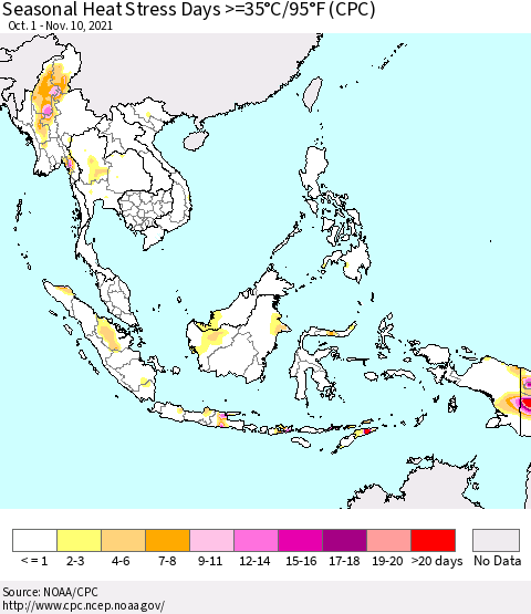 South East Asia Seasonal Heat Stress Days >=35°C/95°F (CPC) Thematic Map For 10/1/2021 - 11/10/2021