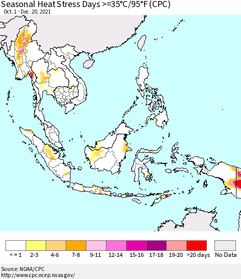 South East Asia Seasonal Heat Stress Days >=35°C/95°F (CPC) Thematic Map For 10/1/2021 - 12/20/2021