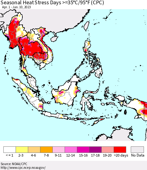 South East Asia Seasonal Heat Stress Days >=35°C/95°F (CPC) Thematic Map For 4/1/2022 - 1/10/2023