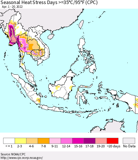 South East Asia Seasonal Heat Stress Days >=35°C/95°F (CPC) Thematic Map For 4/1/2022 - 4/20/2022
