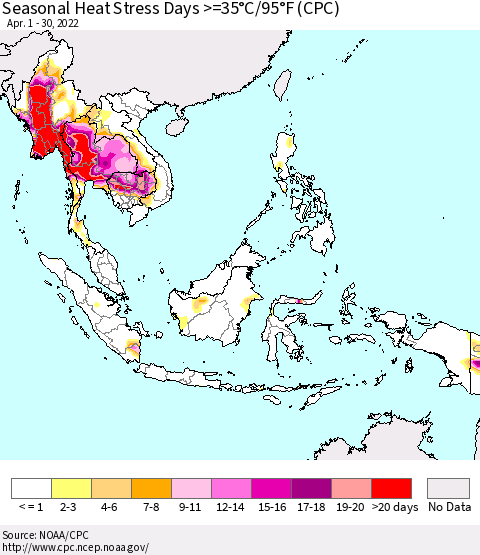 South East Asia Seasonal Heat Stress Days >=35°C/95°F (CPC) Thematic Map For 4/1/2022 - 4/30/2022