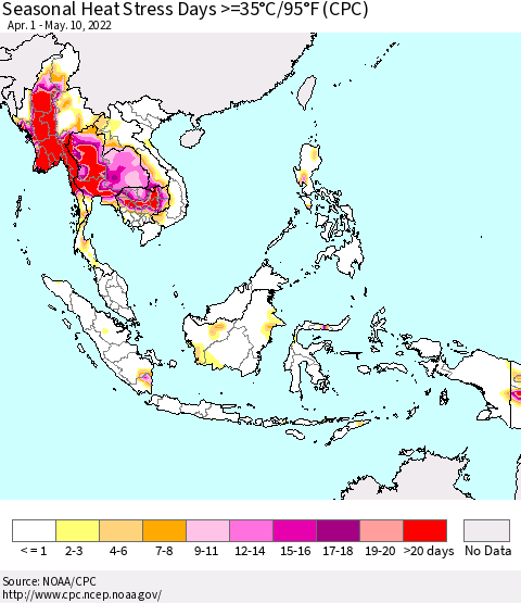 South East Asia Seasonal Heat Stress Days >=35°C/95°F (CPC) Thematic Map For 4/1/2022 - 5/10/2022