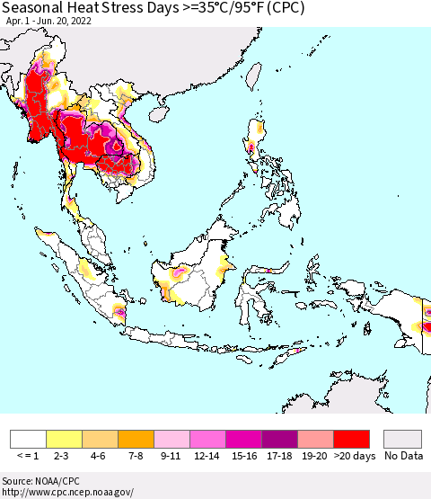 South East Asia Seasonal Heat Stress Days >=35°C/95°F (CPC) Thematic Map For 4/1/2022 - 6/20/2022