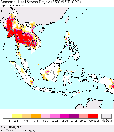 South East Asia Seasonal Heat Stress Days >=35°C/95°F (CPC) Thematic Map For 4/1/2022 - 6/30/2022