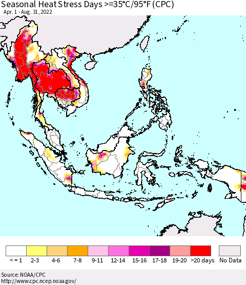South East Asia Seasonal Heat Stress Days >=35°C/95°F (CPC) Thematic Map For 4/1/2022 - 8/31/2022