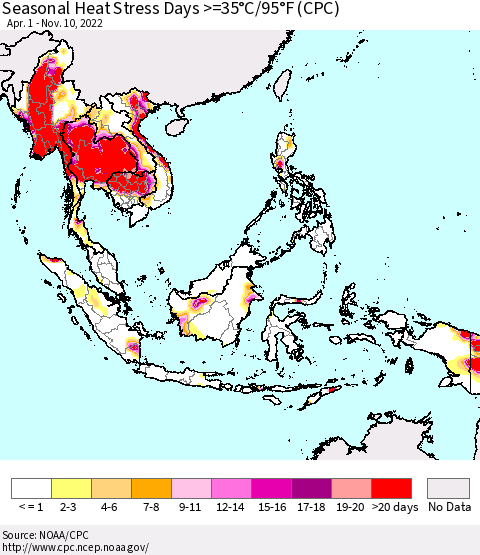 South East Asia Seasonal Heat Stress Days >=35°C/95°F (CPC) Thematic Map For 4/1/2022 - 11/10/2022