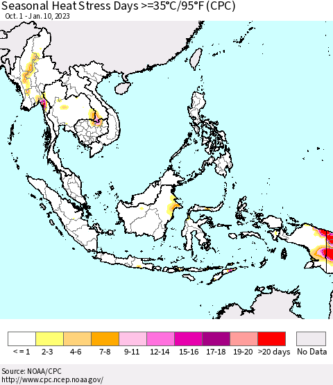 South East Asia Seasonal Heat Stress Days >=35°C/95°F (CPC) Thematic Map For 10/1/2022 - 1/10/2023