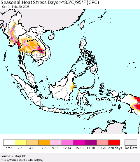 South East Asia Seasonal Heat Stress Days >=35°C/95°F (CPC) Thematic Map For 10/1/2022 - 2/20/2023