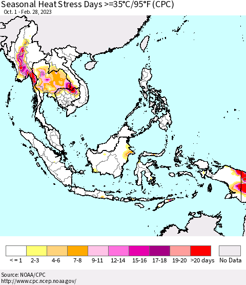 South East Asia Seasonal Heat Stress Days >=35°C/95°F (CPC) Thematic Map For 10/1/2022 - 2/28/2023