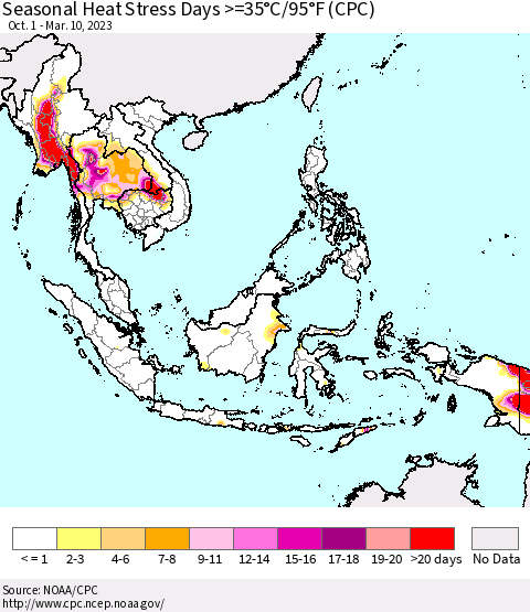 South East Asia Seasonal Heat Stress Days >=35°C/95°F (CPC) Thematic Map For 10/1/2022 - 3/10/2023