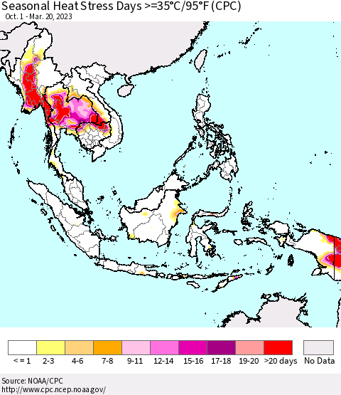 South East Asia Seasonal Heat Stress Days >=35°C/95°F (CPC) Thematic Map For 10/1/2022 - 3/20/2023