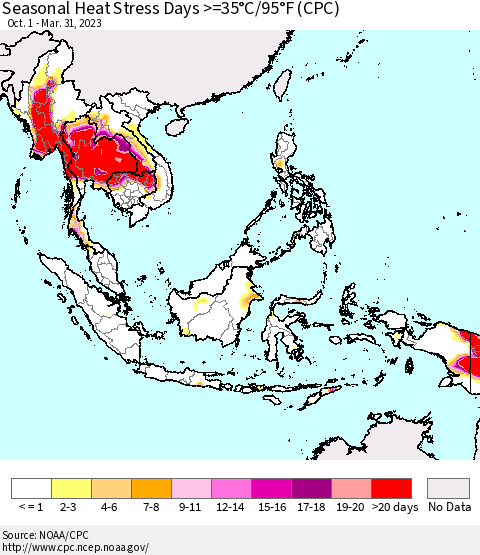 South East Asia Seasonal Heat Stress Days >=35°C/95°F (CPC) Thematic Map For 10/1/2022 - 3/31/2023