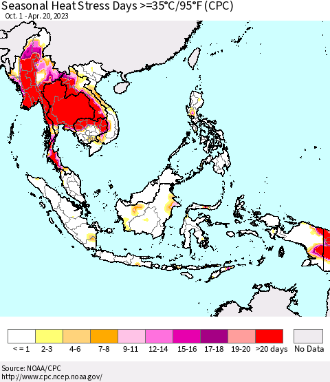 South East Asia Seasonal Heat Stress Days >=35°C/95°F (CPC) Thematic Map For 10/1/2022 - 4/20/2023