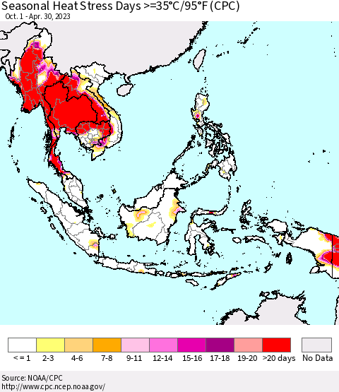 South East Asia Seasonal Heat Stress Days >=35°C/95°F (CPC) Thematic Map For 10/1/2022 - 4/30/2023