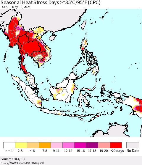 South East Asia Seasonal Heat Stress Days >=35°C/95°F (CPC) Thematic Map For 10/1/2022 - 5/10/2023