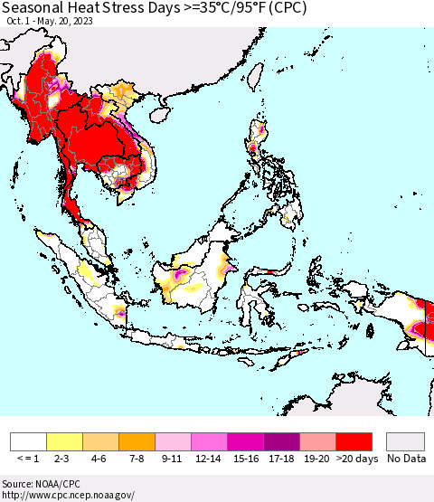 South East Asia Seasonal Heat Stress Days >=35°C/95°F (CPC) Thematic Map For 10/1/2022 - 5/20/2023
