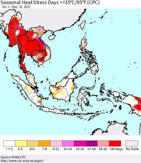 South East Asia Seasonal Heat Stress Days >=35°C/95°F (CPC) Thematic Map For 10/1/2022 - 5/31/2023