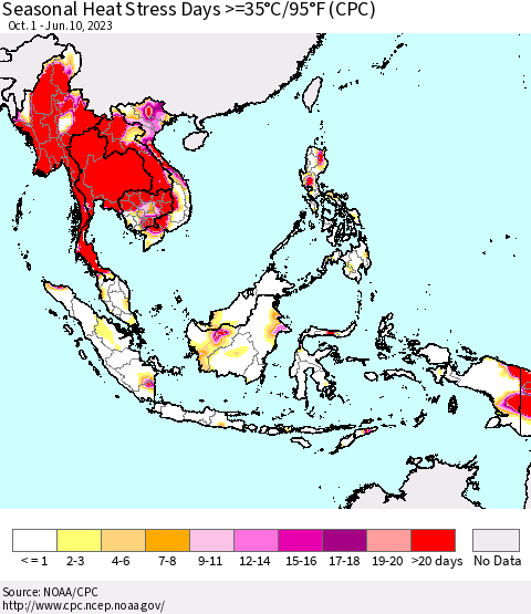 South East Asia Seasonal Heat Stress Days >=35°C/95°F (CPC) Thematic Map For 10/1/2022 - 6/10/2023