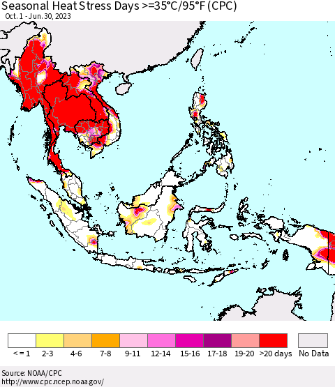 South East Asia Seasonal Heat Stress Days >=35°C/95°F (CPC) Thematic Map For 10/1/2022 - 6/30/2023