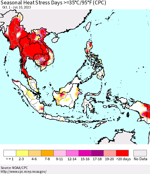 South East Asia Seasonal Heat Stress Days >=35°C/95°F (CPC) Thematic Map For 10/1/2022 - 7/10/2023
