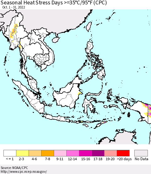 South East Asia Seasonal Heat Stress Days >=35°C/95°F (CPC) Thematic Map For 10/1/2022 - 10/31/2022