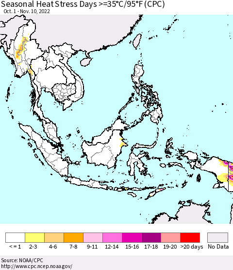 South East Asia Seasonal Heat Stress Days >=35°C/95°F (CPC) Thematic Map For 10/1/2022 - 11/10/2022