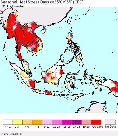 South East Asia Seasonal Heat Stress Days >=35°C/95°F (CPC) Thematic Map For 4/1/2023 - 1/10/2024