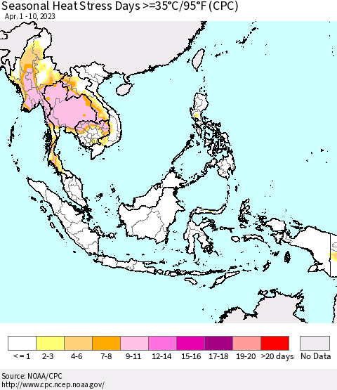 South East Asia Seasonal Heat Stress Days >=35°C/95°F (CPC) Thematic Map For 4/1/2023 - 4/10/2023