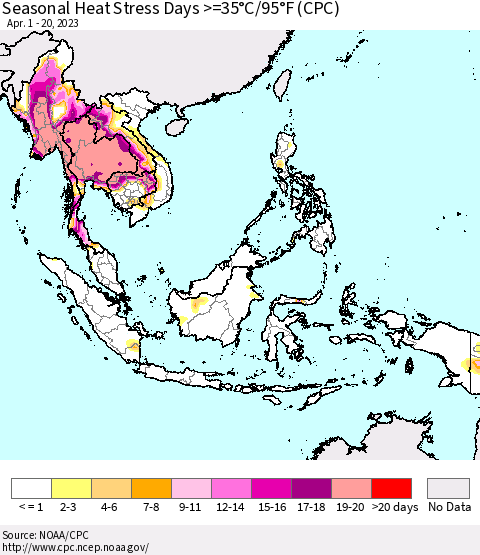 South East Asia Seasonal Heat Stress Days >=35°C/95°F (CPC) Thematic Map For 4/1/2023 - 4/20/2023