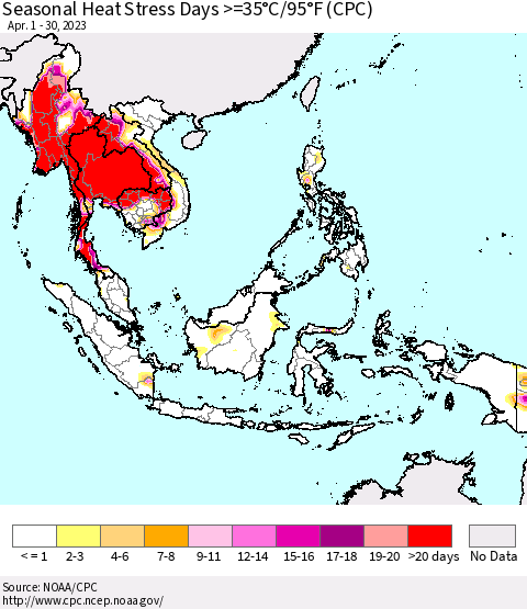 South East Asia Seasonal Heat Stress Days >=35°C/95°F (CPC) Thematic Map For 4/1/2023 - 4/30/2023